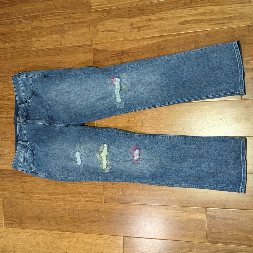 NYDJ Marilyn Straight Leg Distressed/Embroidered Cool Embrace Jeans -- Size 12